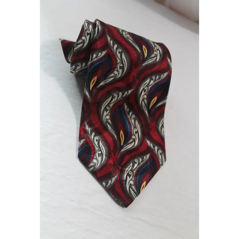 Vintage STUART HUGHES Silk Necktie, Maroon-Peacock Blue-Gold-White, 3.75 X 58